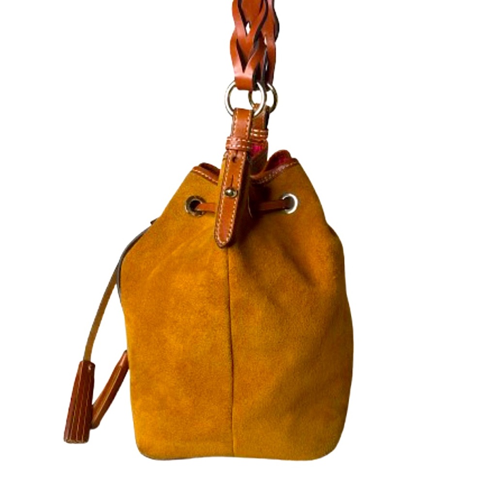 DOONEY BOURKE Honey Suede Bucket Bag w/ Brown Leather Drawstring Tassel Pull - Picture 4 of 17